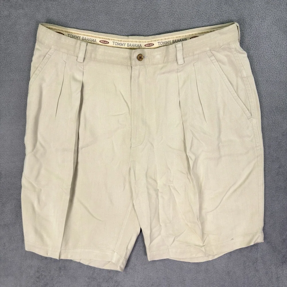 Tommy Bahama‎ Shorts Mens 38 Tan Relaxed Pleated 100% Silk Beach Golf Outdoor